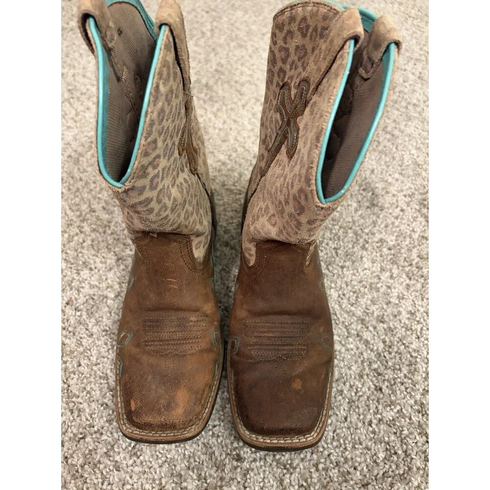Ariat Kids Western Leopard Print Leather Boots Brown/Turquoise US 2 M